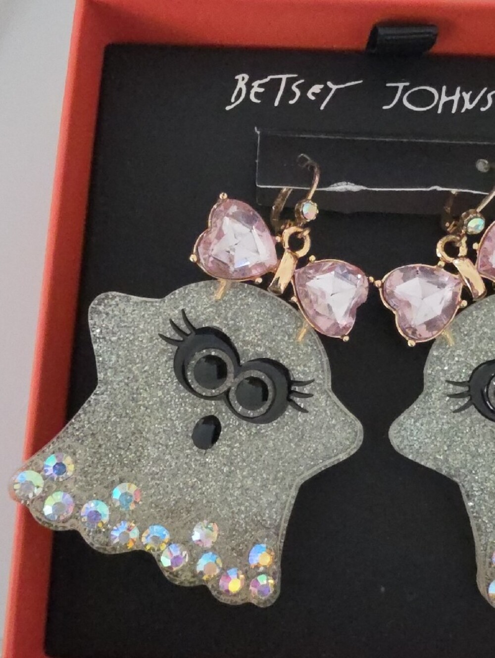 Betsey Johnson Silver Glitter Ghost Earrings with Pink Crystal Tops - Picture 2 of 6